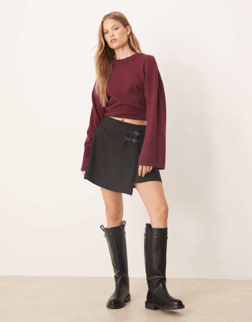 Gina Tricot crew neck wide sleeve knit sweater in burgundy