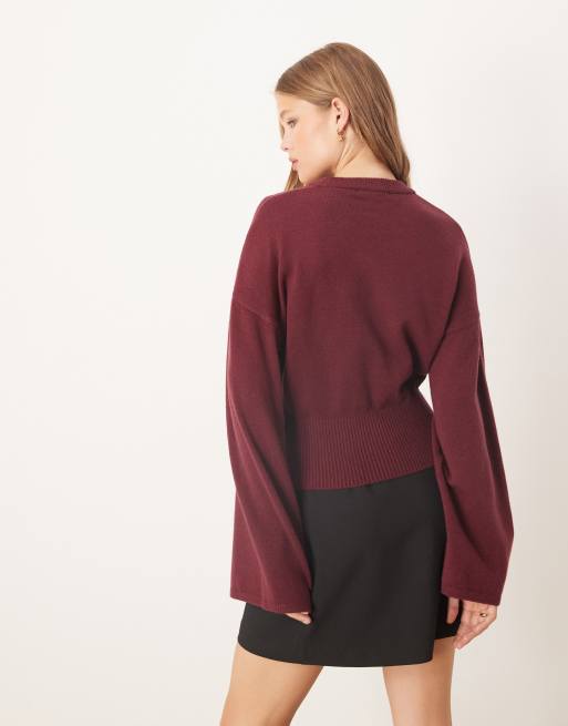 Gina Tricot crew neck wide sleeve knit sweater in burgundy