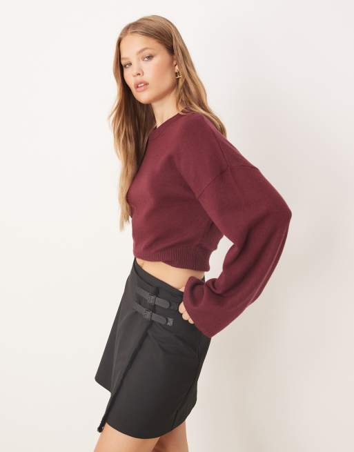 Gina Tricot crew neck wide sleeve knit sweater in burgundy