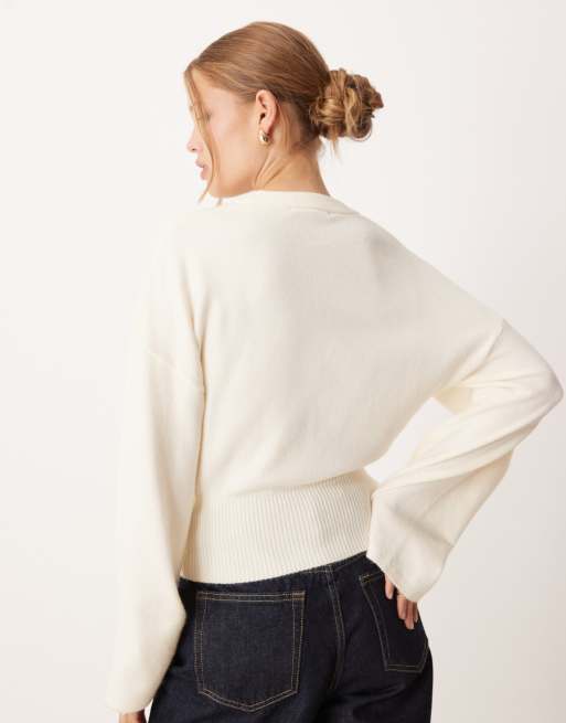 Gina Tricot crew neck wide sleeve knit sweater in ivory