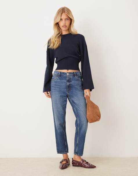 Gina Tricot crew neck wide sleeve knit sweater in navy blue - view 1