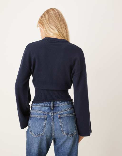 Gina Tricot crew neck wide sleeve knit sweater in navy blue