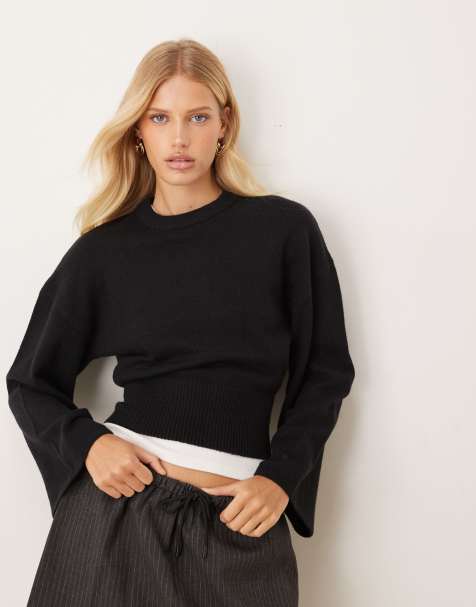 Gina Tricot crew neck wide sleeve knitted jumper in black - view 1