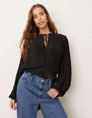 Gina Tricot Crinkle Long Sleeve Wrap Blouse With Tie Detail In Black