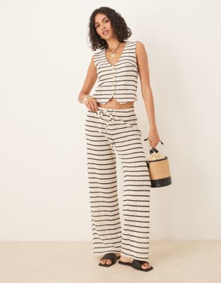crochet straight leg pants in light beige and black stripe - part of a set-Multi