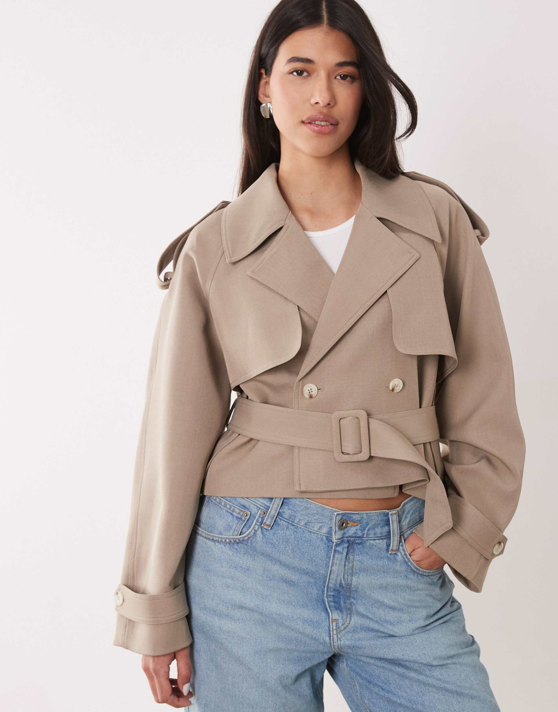 gina tricot cropped belted trench coat in sand beige