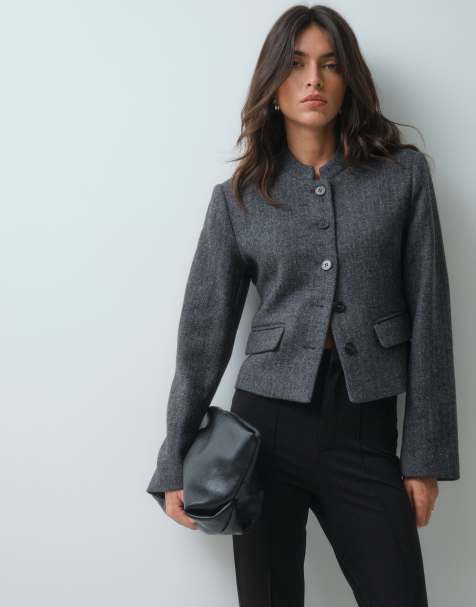 Gina Tricot cropped blazer i gråt sildebensmønster - view 1
