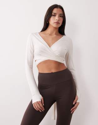 Gina Tricot Cropped Wrap Yoga Cardigan In Gray