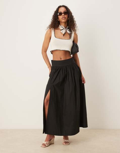 Gina Tricot poplin balloon split maxi skirt in black