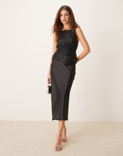 Gina Tricot satin midi skirt in black
