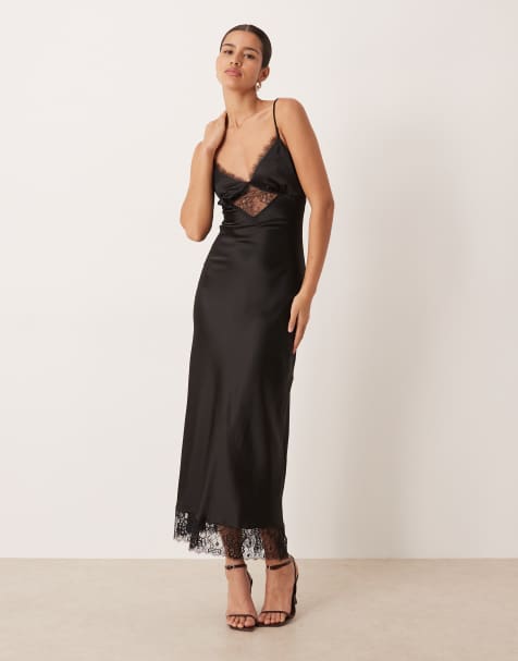 Gina Tricot – Czarna satynowa sukienka maxi z koronkowym wykończeniem - view 1