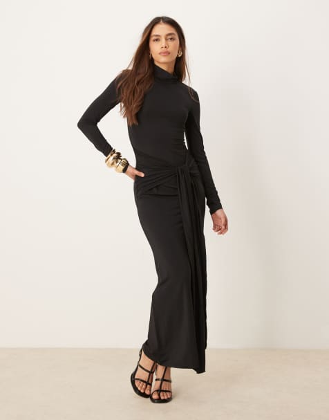 Gina Tricot long sleeve turtle neck maxi dress with tie front side detail in black