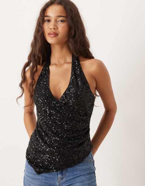 Gina Tricot – Czarny cekinowy top z dekoltem typu halter - view 1