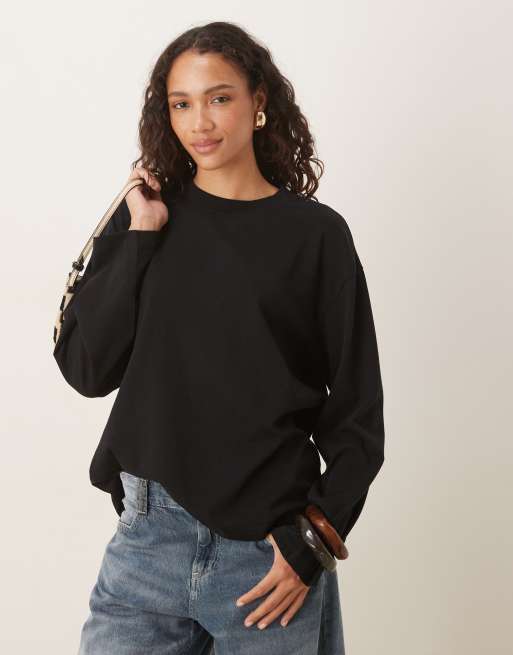 Gina Tricot – Czarny luźny T-shirt z długimi rękawami