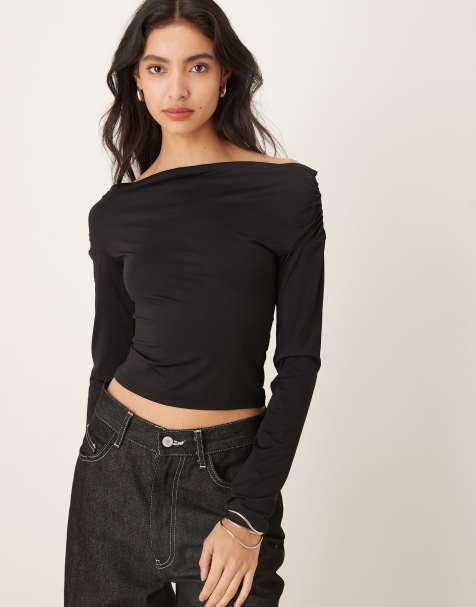 Gina Tricot slinky jersey off shoulder long sleeve top in black