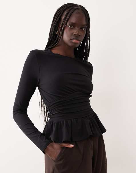Gina Tricot long sleeve peplum top in black