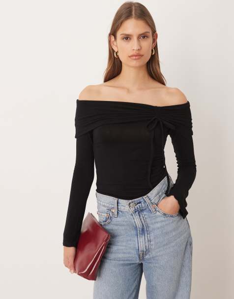 Gina Tricot off shoulder long sleeve top with ruche channel detail and fluted sleeves in black