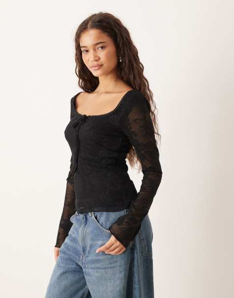 Gina Tricot long sleeve tie front flower jacquard top in black