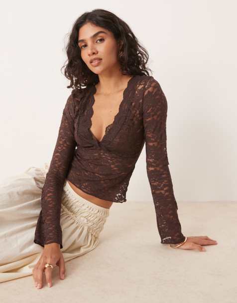 Gina Tricot long sleeve v neck lace top in chocolate brown