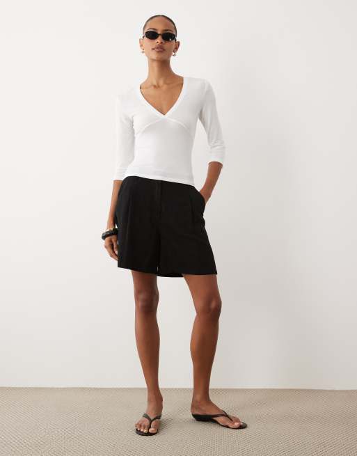 Gina Tricot deep v-neck 3/4 sleeve top in white, 2 of 4