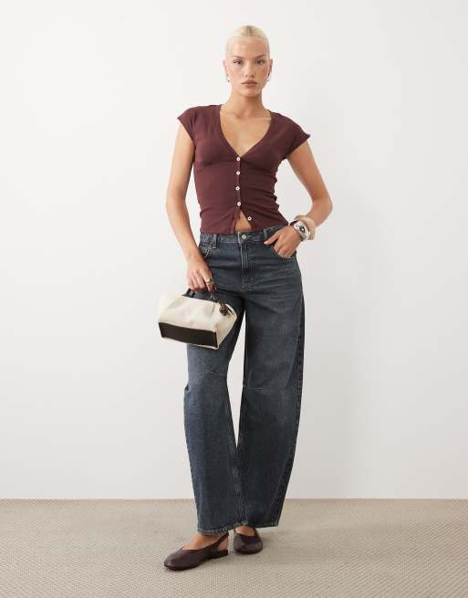 Gina Tricot deep v neck button through sleeveless top in chocolate brown, 2 of 4