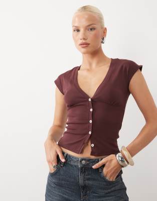 Gina Tricot Deep V-neck Button Up Sleeveless Top In Brown