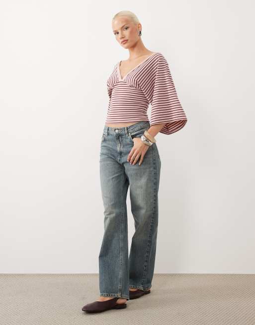 Gina tricot deep v neck wide sleeve top in pink stripe, 3 of 4