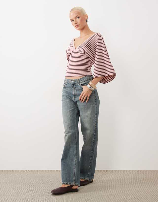 Gina tricot deep v neck wide sleeve top in pink striped print | ASOS