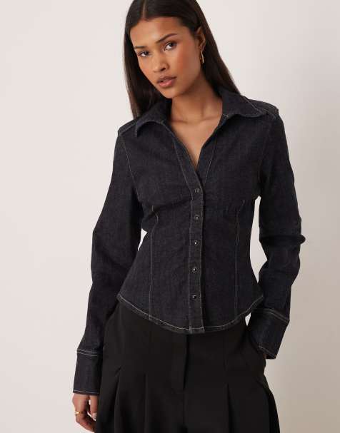 Gina Tricot - Denim overhemd met ingenomen taille en donkerblauwe spoeling - view 1