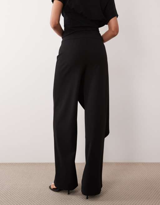 Gina Tricot drape wrap detail wide leg pants in black, 3 of 5