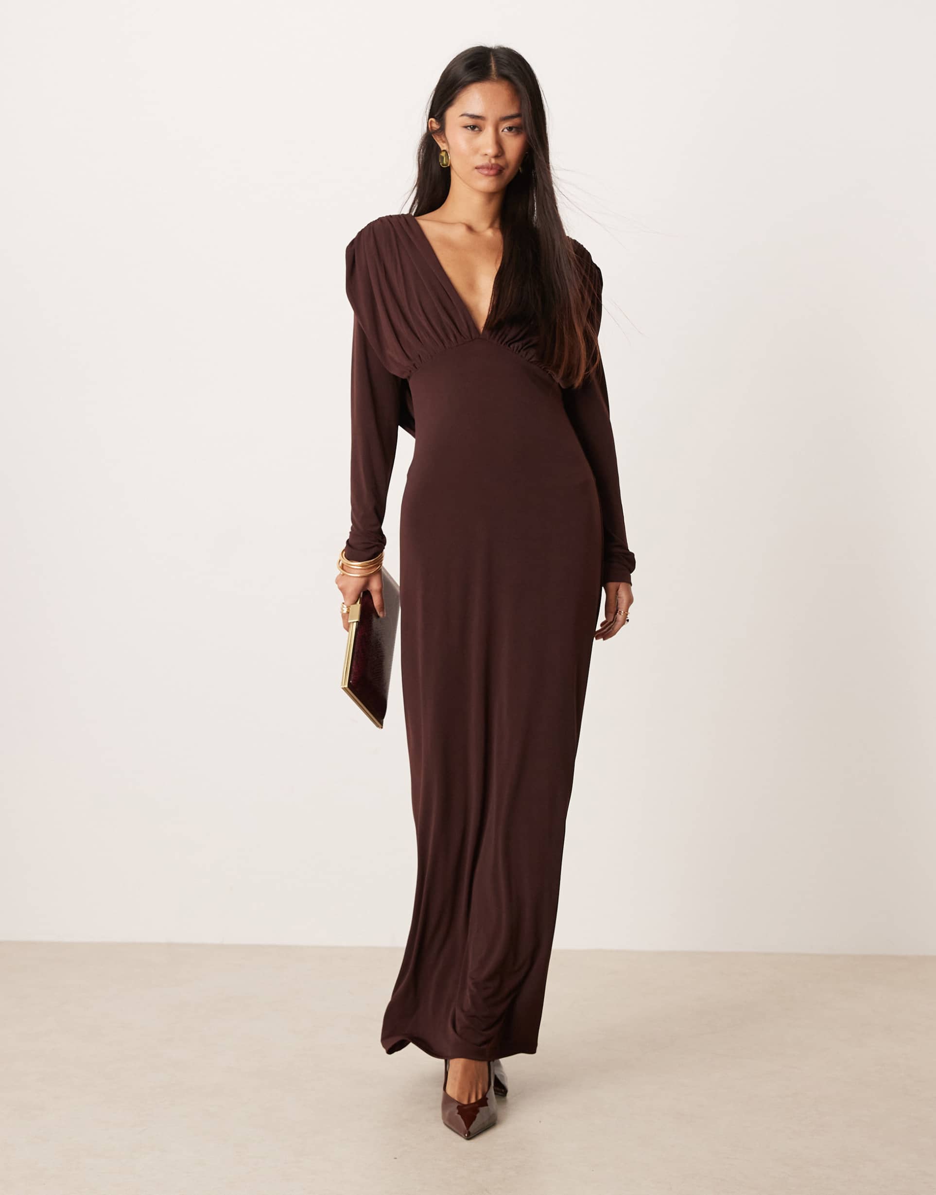 gina tricot draped back maxi dress in chocolate brown