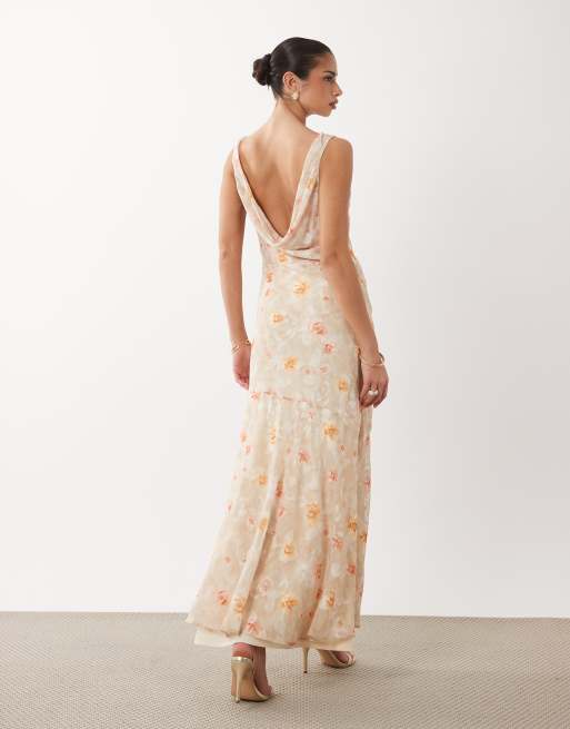 Gina Tricot draped back midi dress in neutral flower print, 4 of 4
