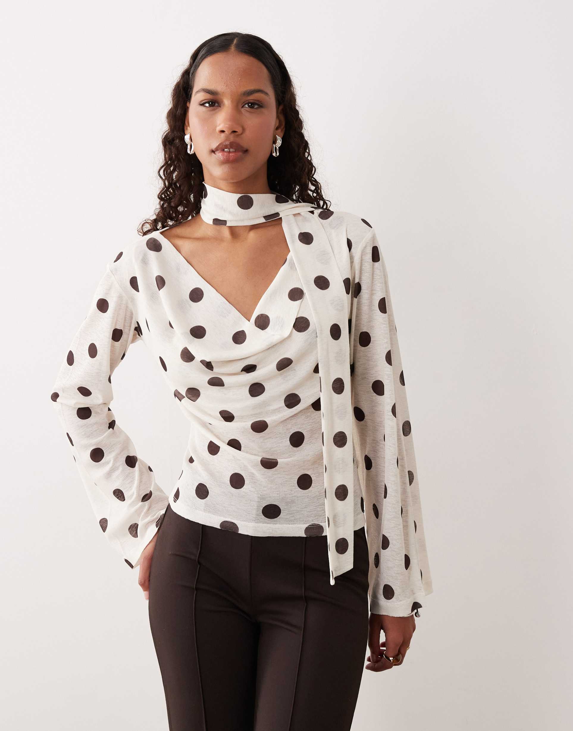 gina tricot draped blouse with scarf in cream polka-dot print