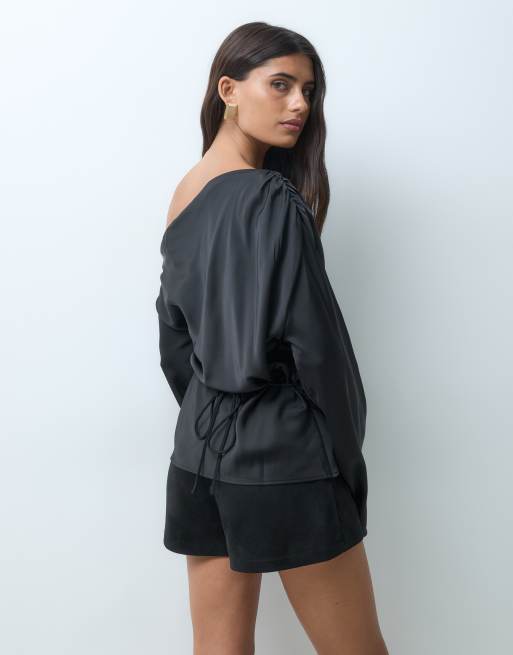 Gina Tricot draped satin blouse in black, 2 of 5