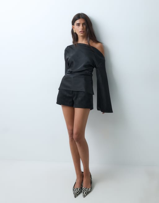Gina Tricot draped satin blouse in black, 4 of 5