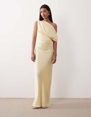Gina Tricot draped satin one shoulder maxi dress in butter yellow