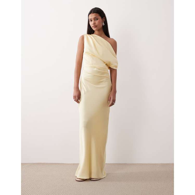 Gina Tricot draped satin one shoulder maxi dress in butter yellow | ASOS