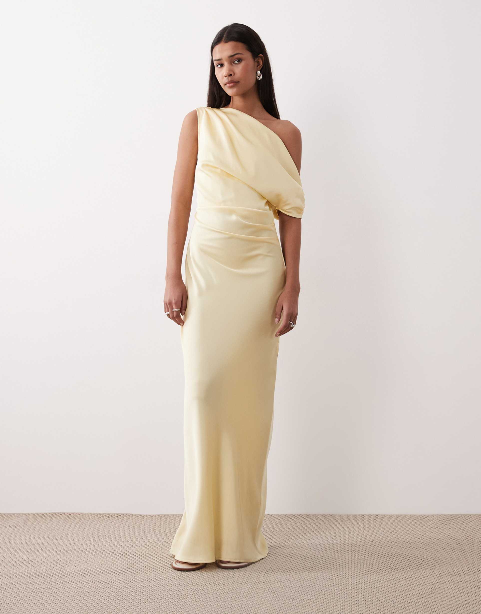 gina tricot draped satin one shoulder maxi dress in butter yellow