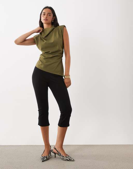 Gina Tricot draperet ærmeløs top med skulderpuder i khakigrøn, 2 af 4