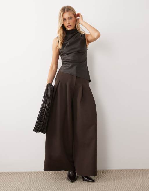 Gina Tricot drapey PU top in dark brown, 2 of 4