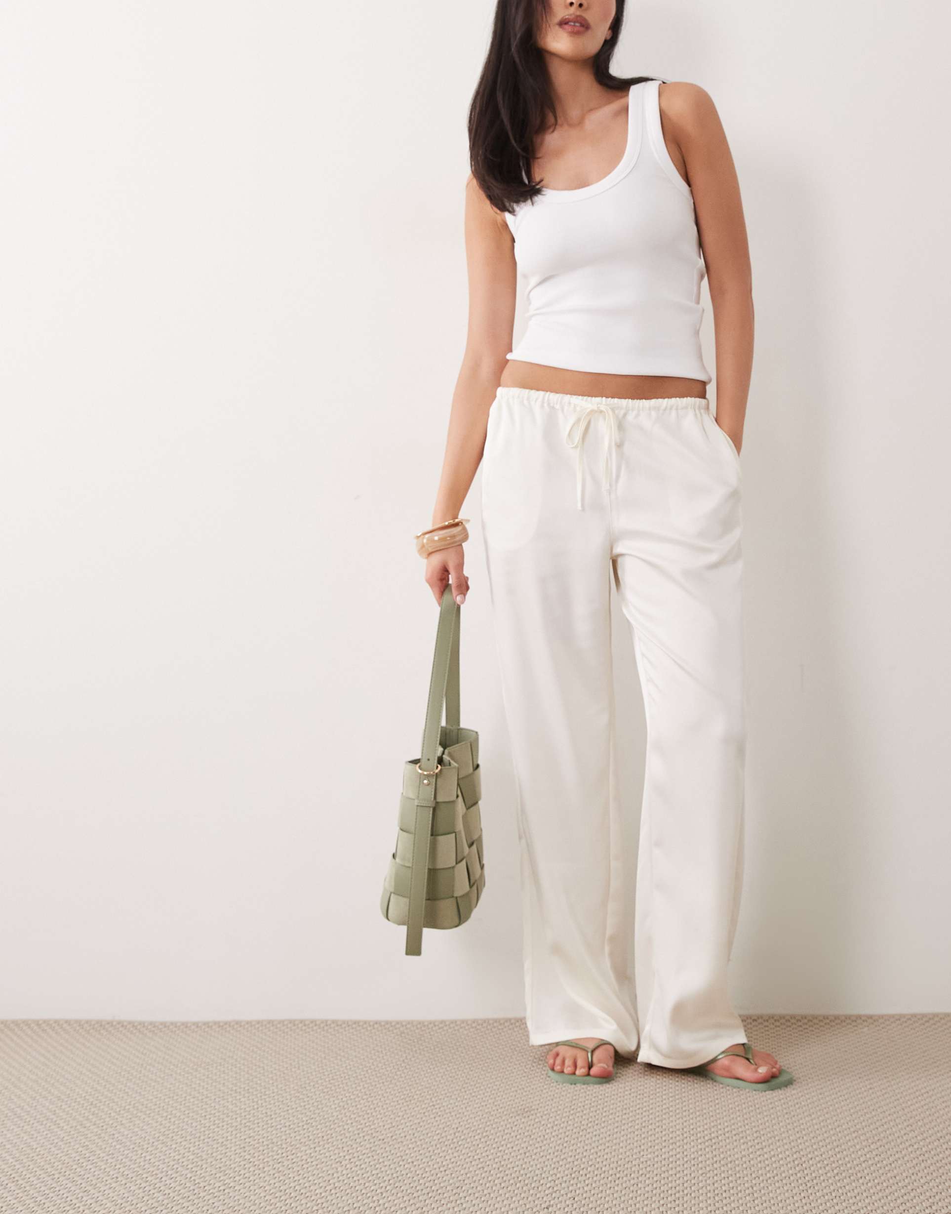 gina tricot drawstring satin pants in cream