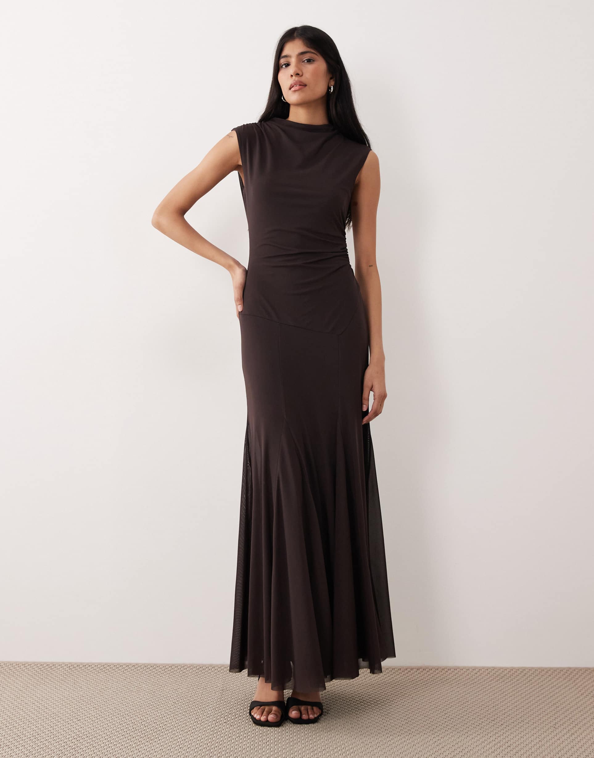 gina tricot dropped waist maxi dress in dark brown