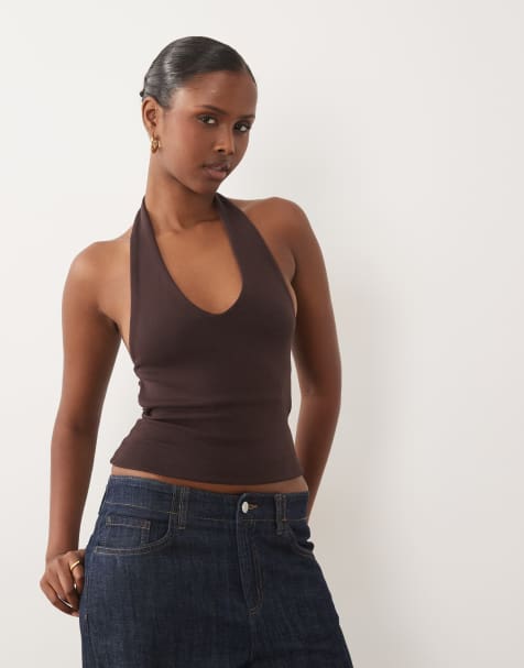 Gina Tricot dubbelfodrad halternecktopp i chokladbrun - view 1