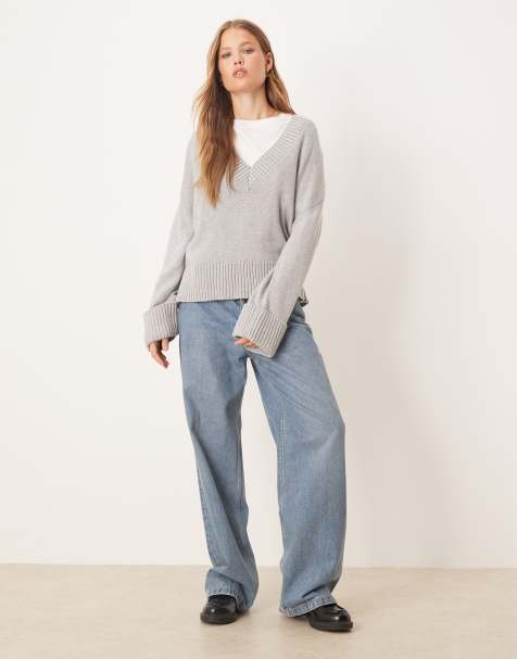 Gina Tricot v neck knitted sweater with wide sleeves in light grey melange