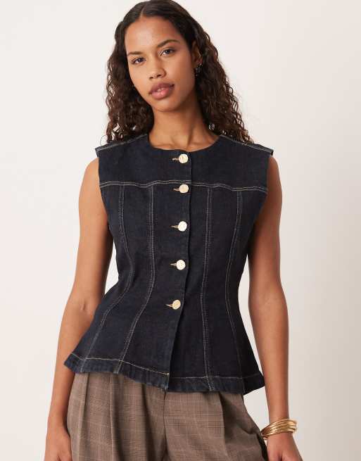 Gina Tricot - Elegante denim top met gemodelleerde taille in indigo rinse met donkere wassing