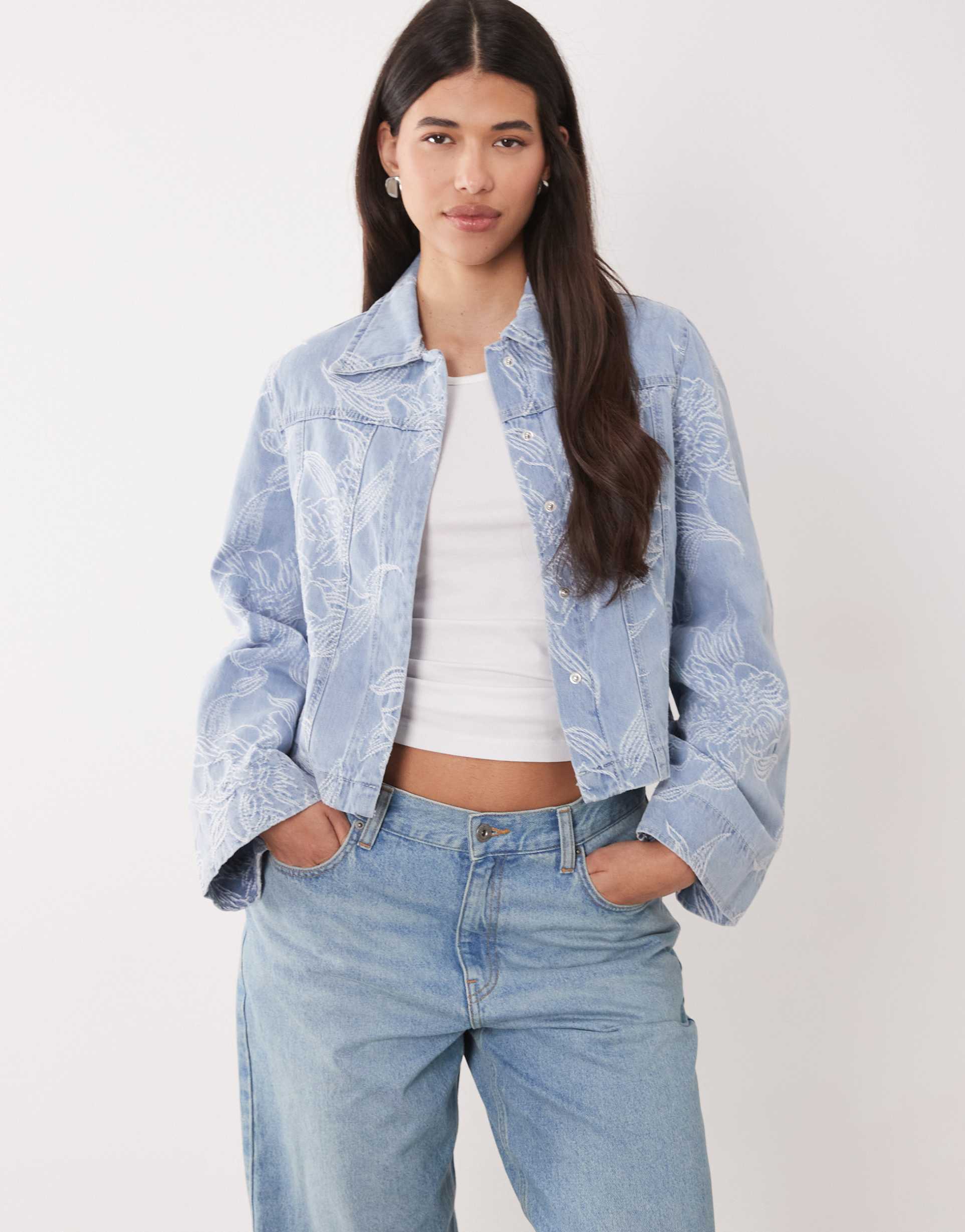gina tricot embroidered denim shacket in light wash blue