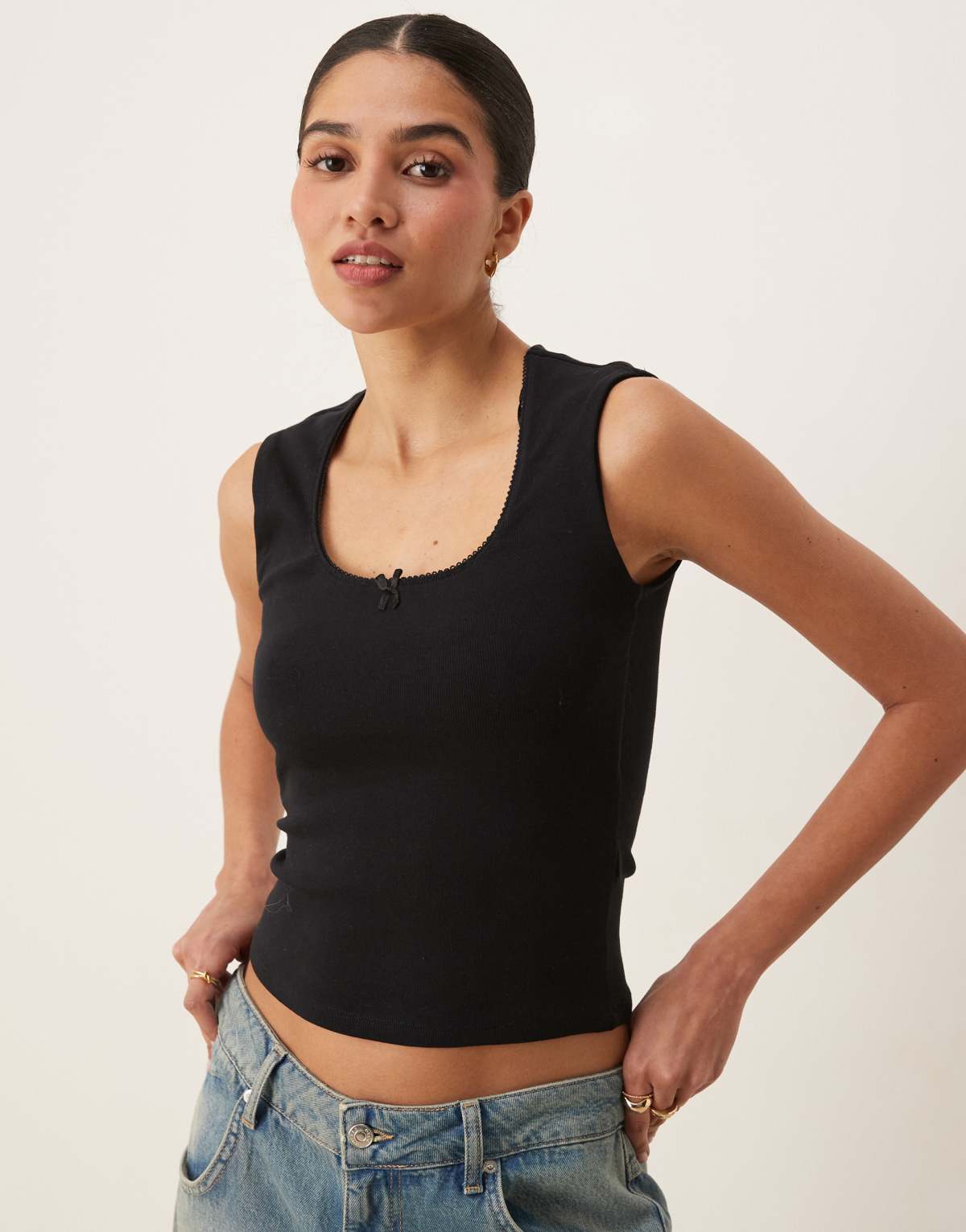 Gina Tricot embroidered edge cotton vest in black