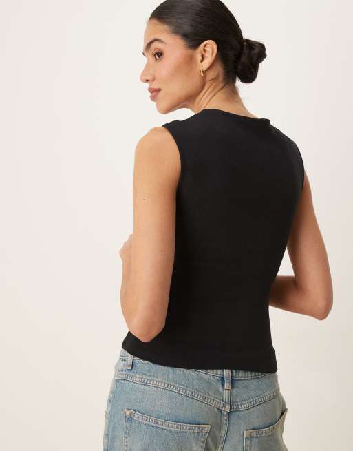 Gina Tricot embroidered edge cotton vest in black, 2 of 4