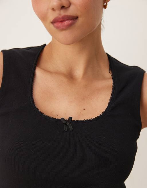 Gina Tricot embroidered edge cotton vest in black, 4 of 4