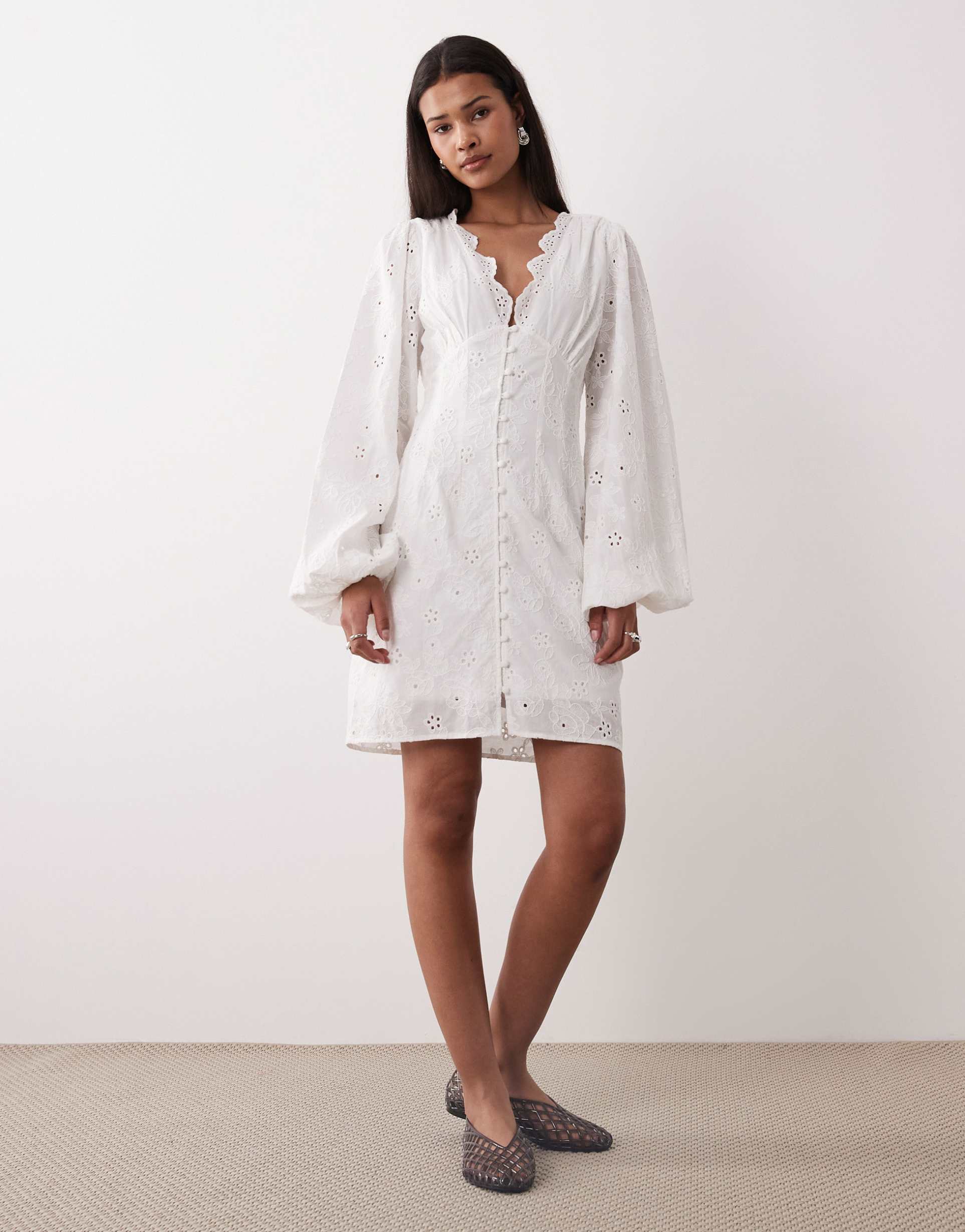 gina tricot embroidered mini dress in off white